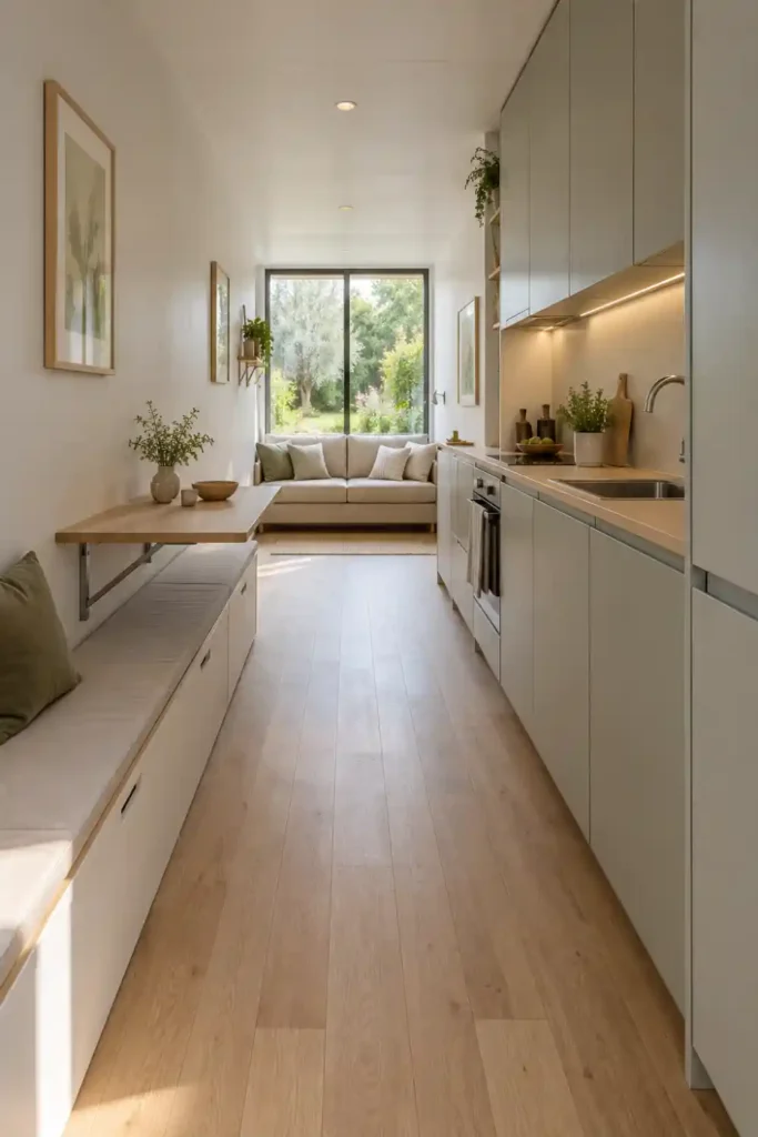Studio étroit aménagé dans un container de 40 pieds, murs doublés blancs, cuisine linéaire et baie vitrée au fond