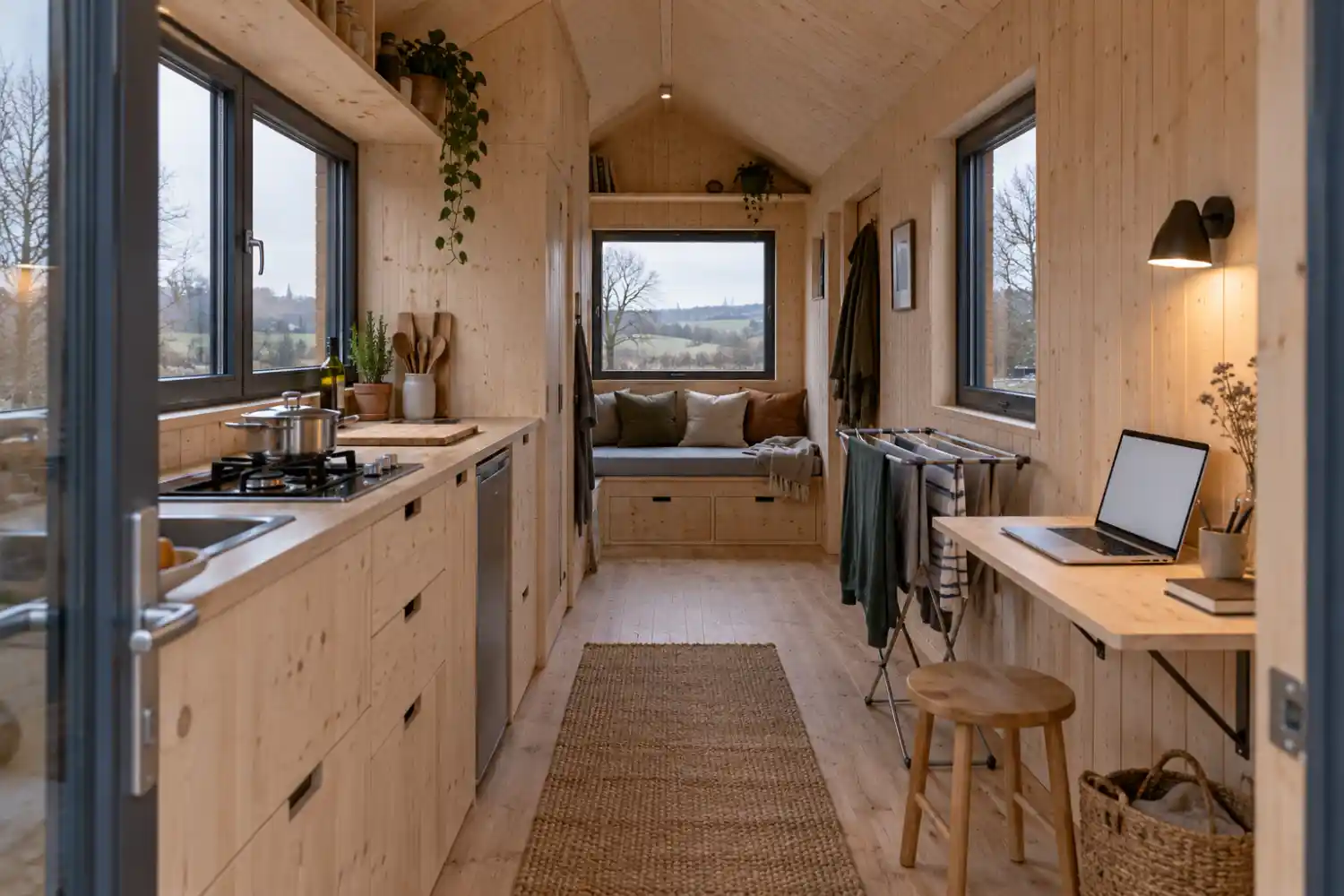 Intérieur de tiny house, cuisine et bureau Intérieur étroit de tiny house avec cuisine, bureau rabattable et linge qui sèche