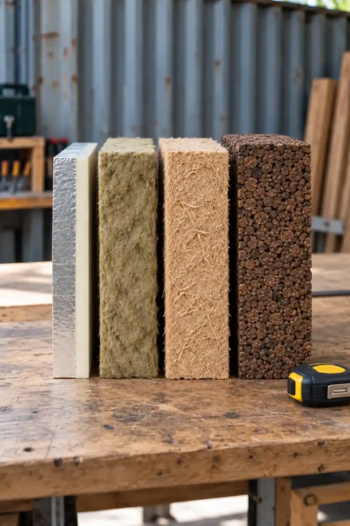 Échantillons de PIR, laine de roche, fibre de bois et liège côte à côte, d’épaisseurs différentes, sur un établi