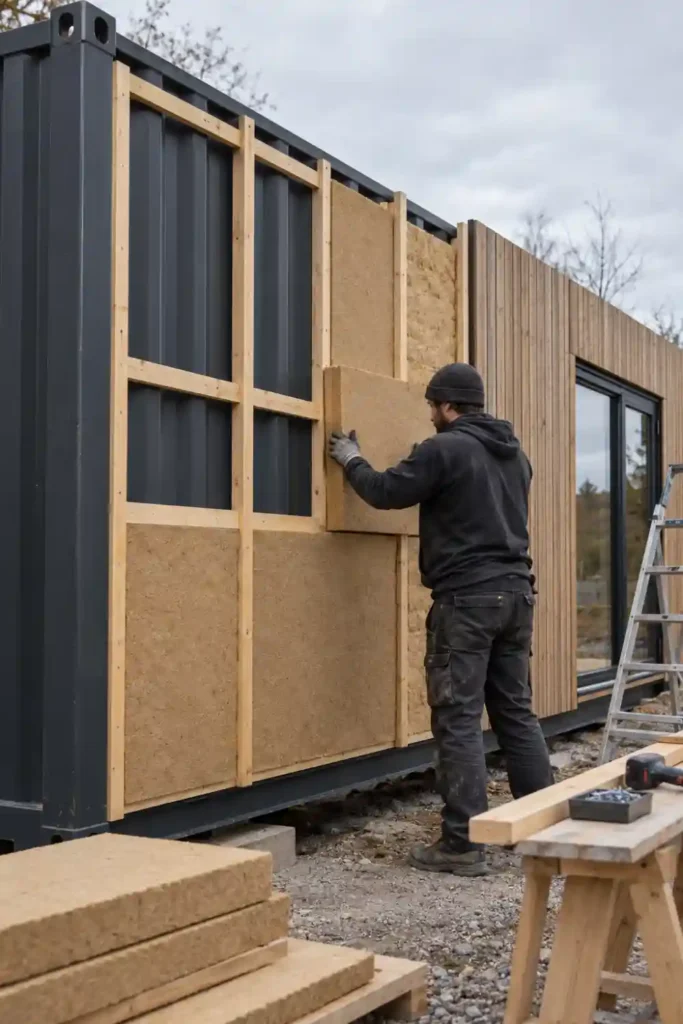 Ouvrier posant des panneaux de fibre de bois entre des tasseaux fixés sur la tôle anthracite d’un container maritime