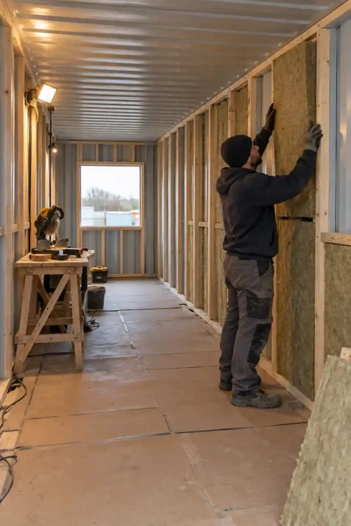 Artisan posant des panneaux de laine de roche entre des montants bois fixés contre la tôle intérieure d’un container