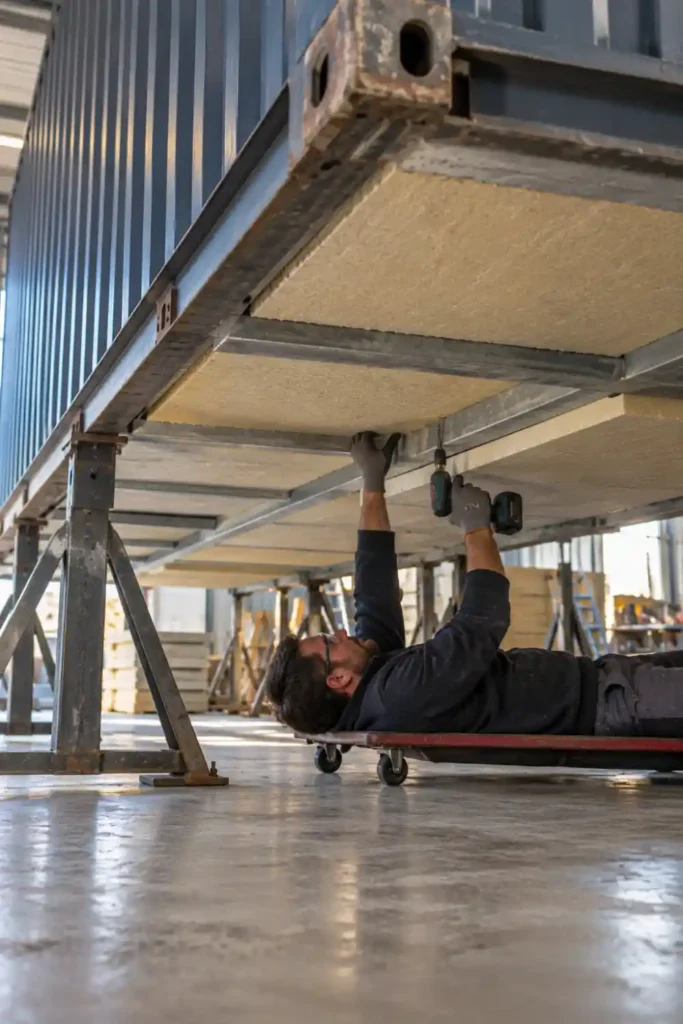 Artisan allongé sur une planche à roulettes fixant de l’isolant sous le plancher d’un container surélevé en atelier