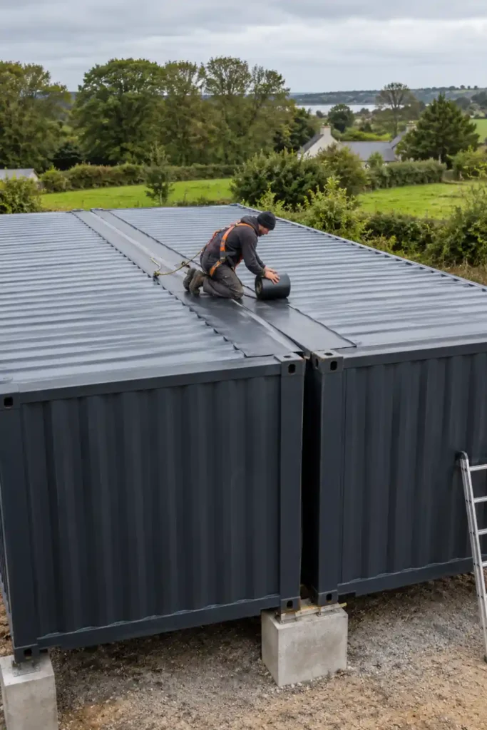 Artisan posant une bande d’étanchéité sur la jonction de toiture entre deux containers posés côte à côte