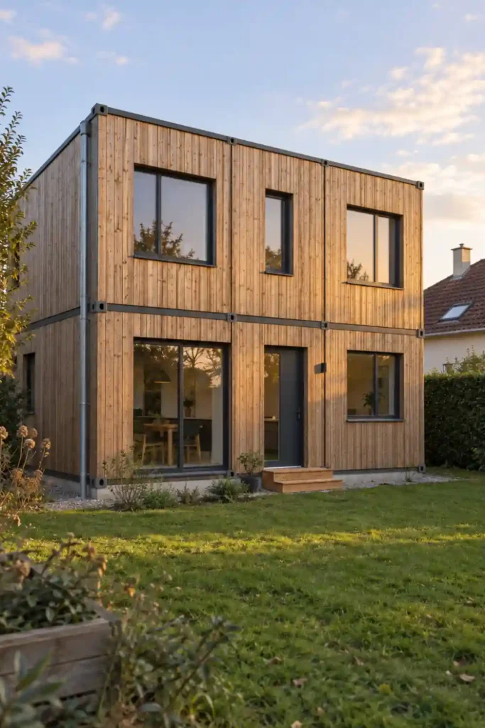 Maison container de deux niveaux, six modules à structure acier apparente et bardage bois, dans un jardin