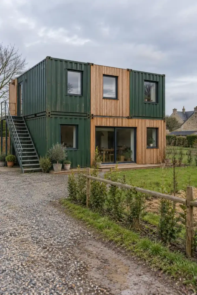 Maison de deux niveaux composée de containers de 20 pieds empilés, en partie habillés de bardage mélèze et en partie laissés en tôle verte, avec escalier extérieur en acier, dans un jardin de campagne de l’ouest de la France.