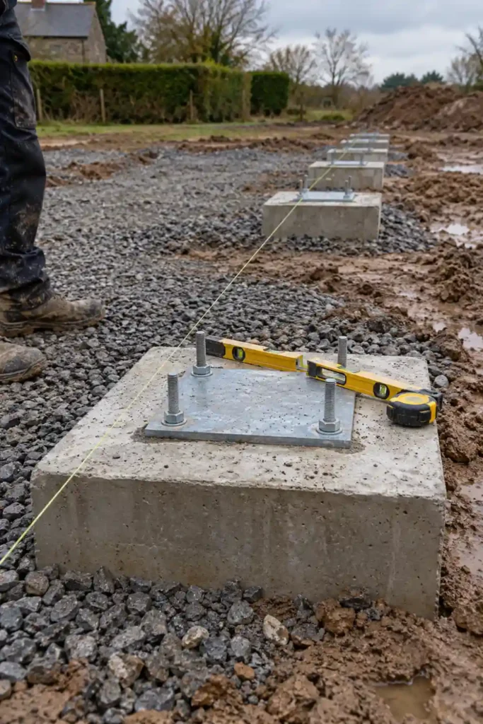 Rangée de plots en béton sur un lit de gravier, équipés de platines d’ancrage galvanisées à tiges filetées, alignés au cordeau, avec un niveau à bulle et un mètre ruban posés sur le premier plot.
