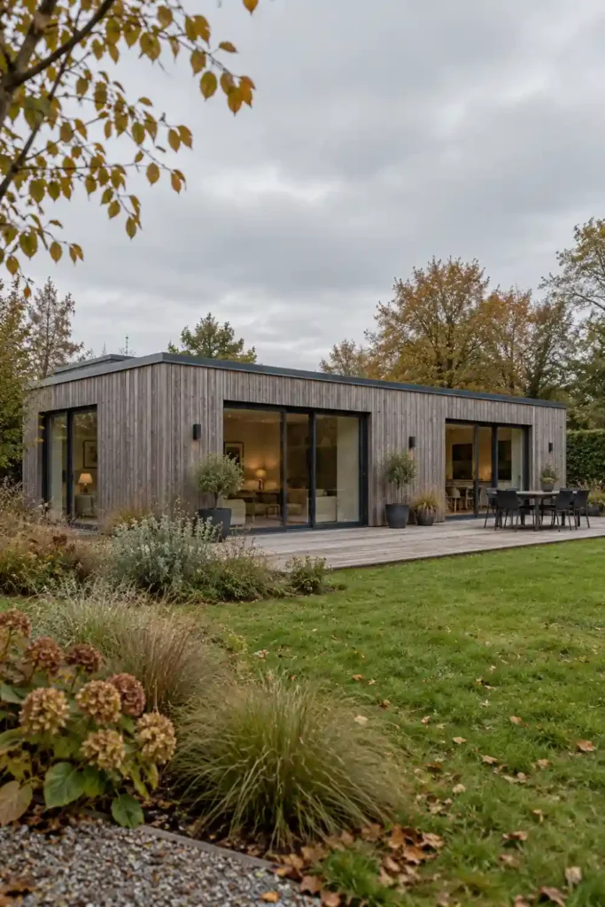 Maison container de plain-pied habillée d’un bardage bois grisé, avec baies vitrées et terrasse, dans un jardin d’automne