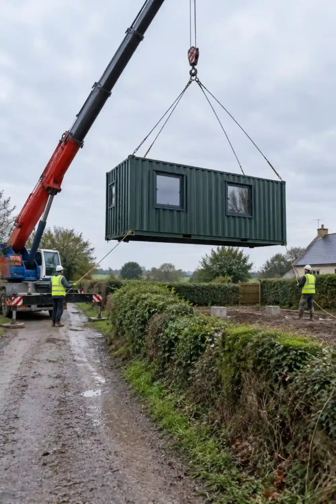 Grue mobile stationnée sur un chemin de campagne étroit, soulevant un container de 20 pieds vert équipé de fenêtres au-dessus d’une haie, guidé à la corde par deux ouvriers casqués vers des plots béton sur un terrain boueux.