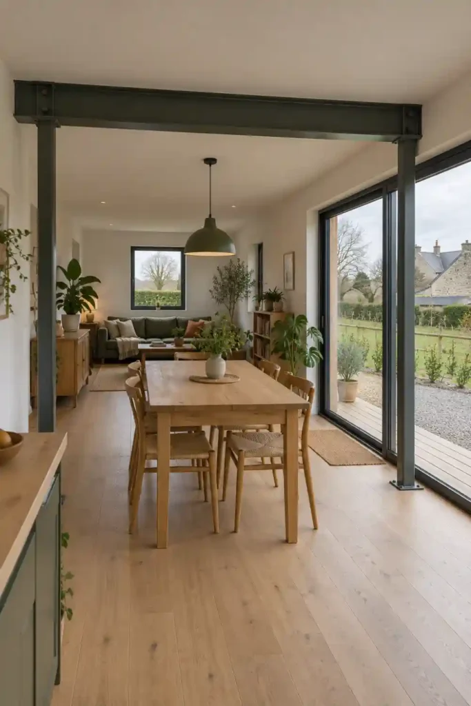 Séjour et salle à manger d’une maison en containers : deux modules de 20 pieds réunis, une poutre et deux poteaux en acier marquant l’emplacement des parois supprimées, une table en bois et une baie vitrée donnant sur le jardin.