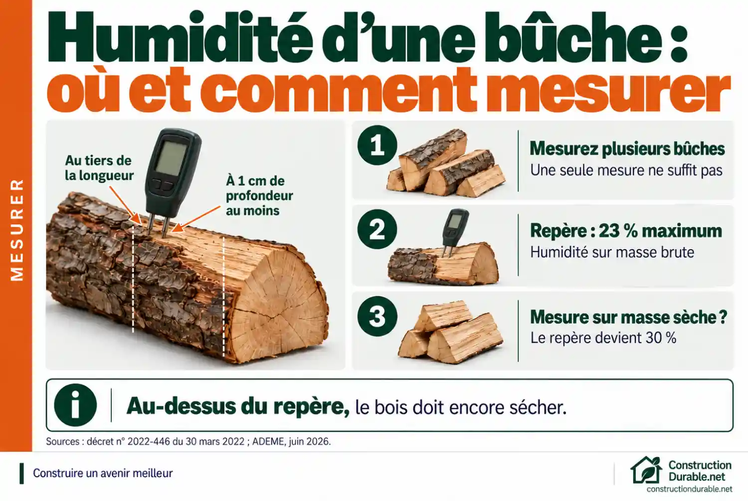 Mesurer l'humidité d'une bûche avec un humidimètre Infographie montrant où mesurer l'humidité d'une bûche : humidimètre planté au tiers de la longueur, à 1 cm de profondeur au moins, repère de 23 % sur masse brute ou 30 % sur masse sèche