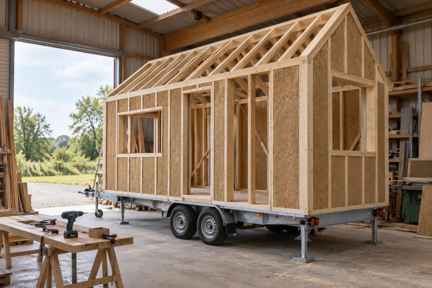 Ossature bois d’une tiny house en atelier Ossature bois d’une tiny house en construction sur sa remorque à deux essieux, en atelier