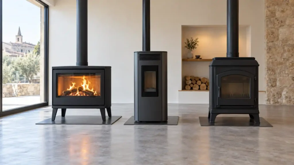 Trois poêles à bois de formes différentes alignés dans le showroom d'un installateur.