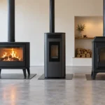 Trois poêles à bois de formes différentes alignés dans le showroom d'un installateur.