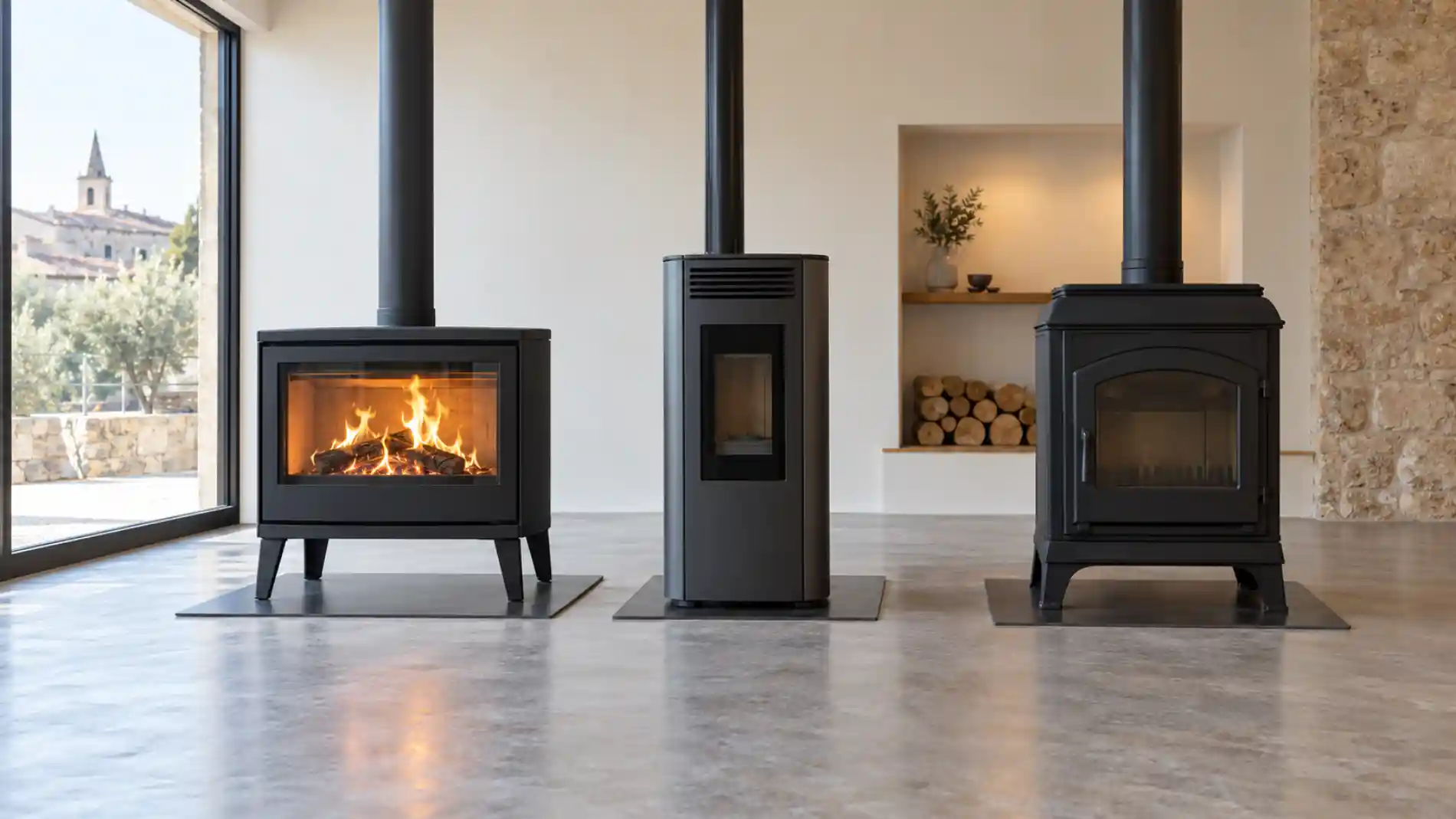 Trois poêles à bois de formes différentes alignés dans le showroom d'un installateur.