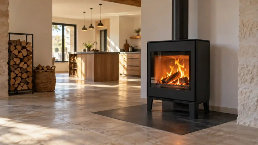Poêle à bûches contemporain allumé dans une pièce de vie, avec rangement à bois