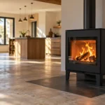 Poêle à bûches contemporain allumé dans une pièce de vie, avec rangement à bois