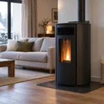 oêle à granulés noir installé dans le séjour d'une maison rénovée, avec un sac de granulés de bois posé à côté.