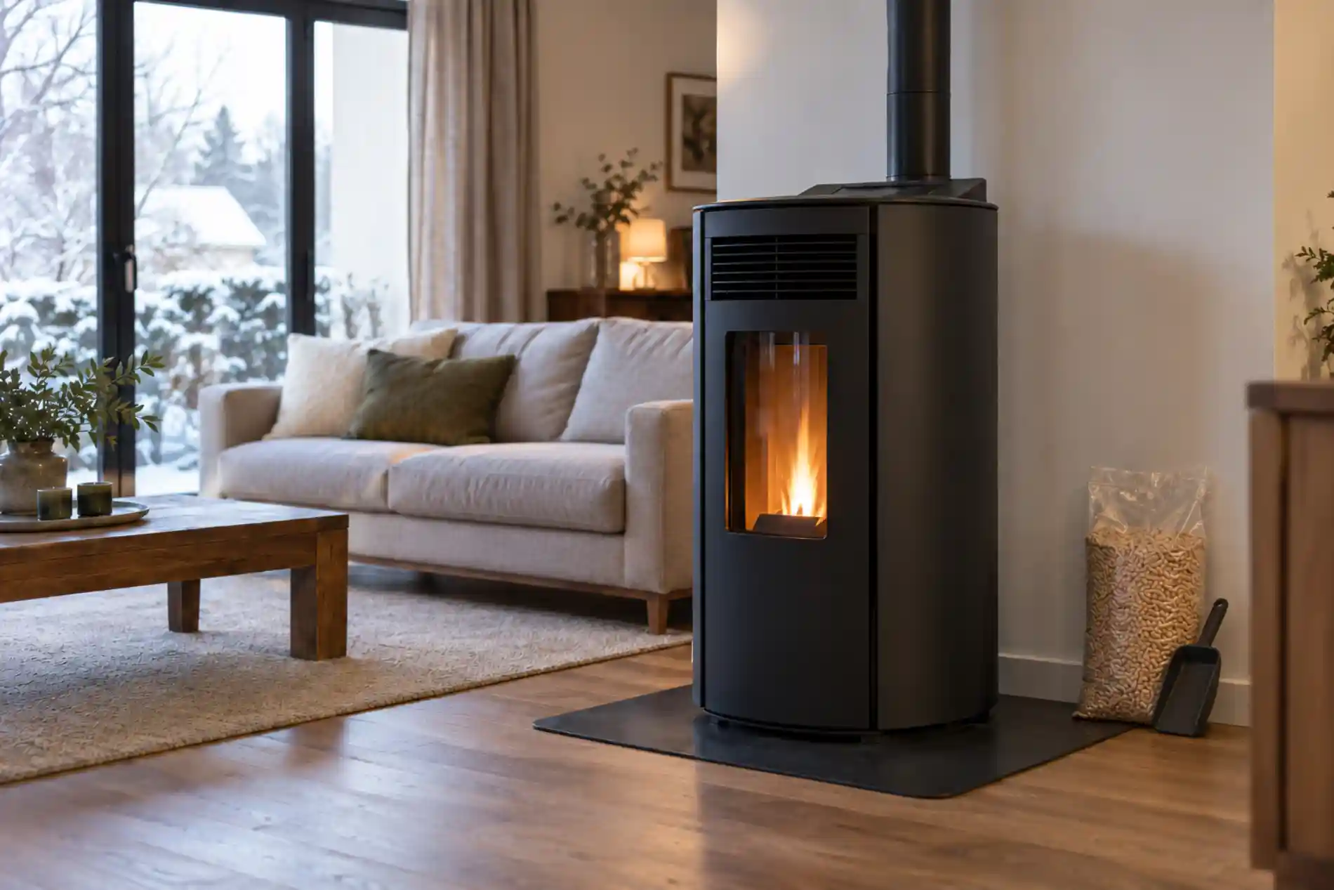 Poêle à granulés noir installé dans le séjour d'une maison rénovée, avec un sac de granulés de bois posé à côté.