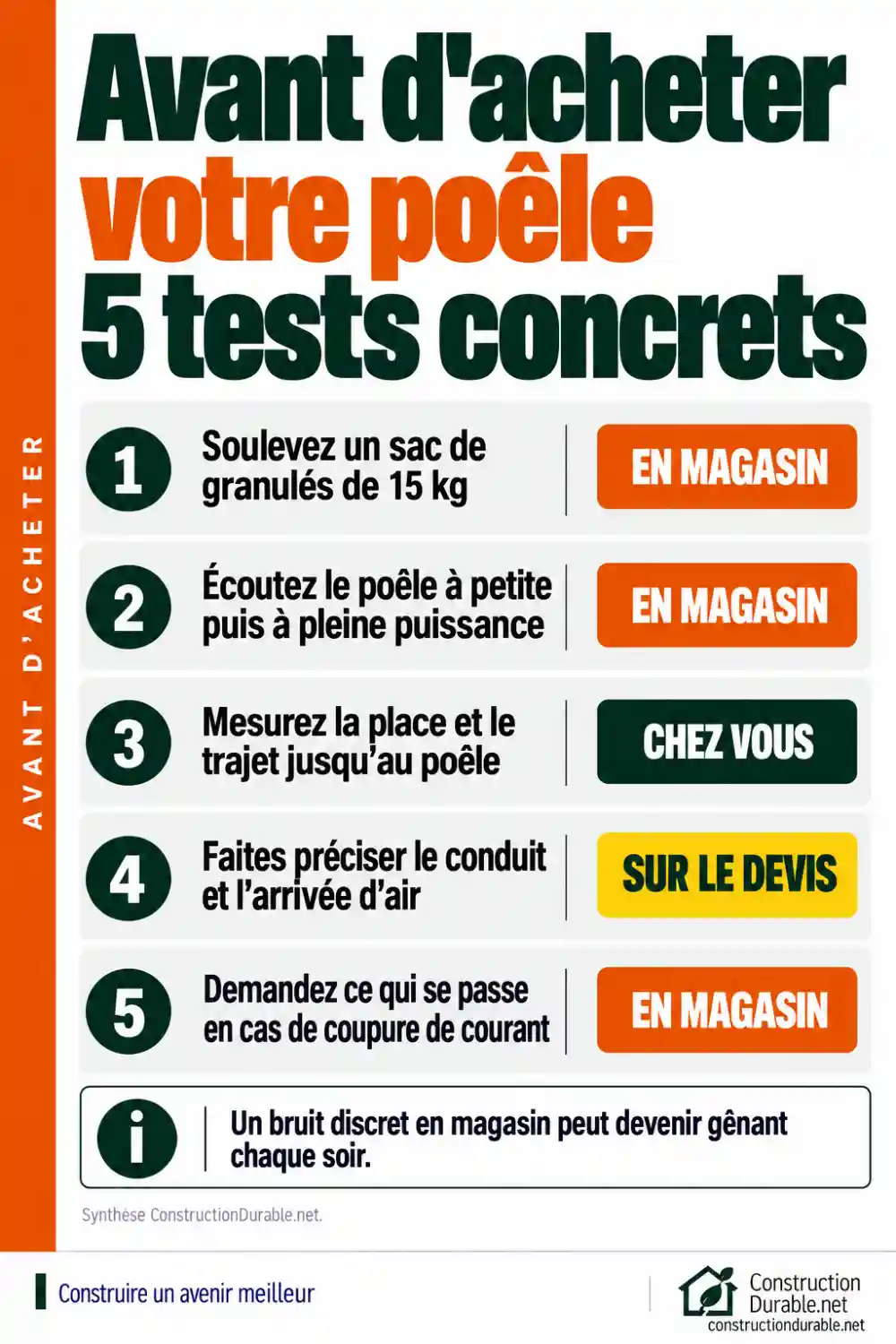 Cinq tests avant d'acheter un poêle : soulever un sac de granulés de 15 kg, écouter l'appareil, mesurer le stockage et le trajet, faire préciser le conduit et l'arrivée d'air, demander ce qui se passe en cas de coupure de courant.
