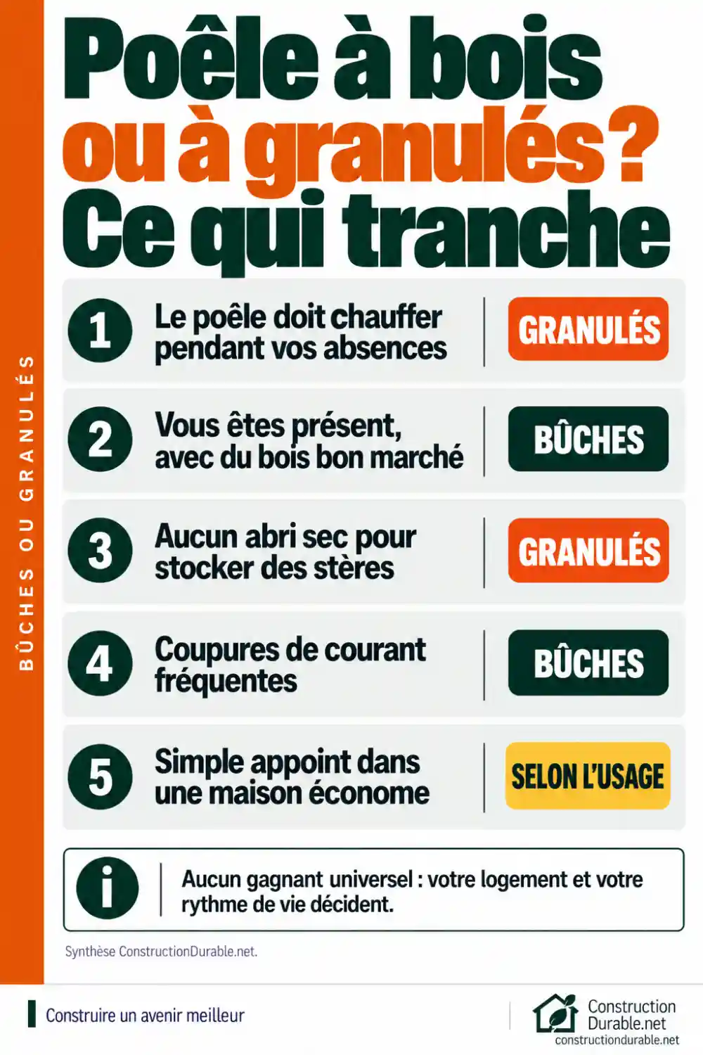 Cinq situations et le poêle qu'elles favorisent : granulés pour chauffer pendant les absences, bûches si vous êtes présent avec du bois bon marché.