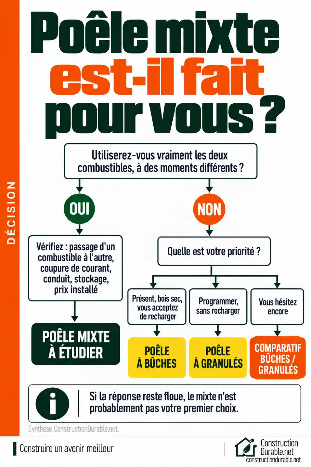 Arbre de décision pour choisir entre un poêle mixte, un poêle à bûches et un poêle à granulés selon vos usages