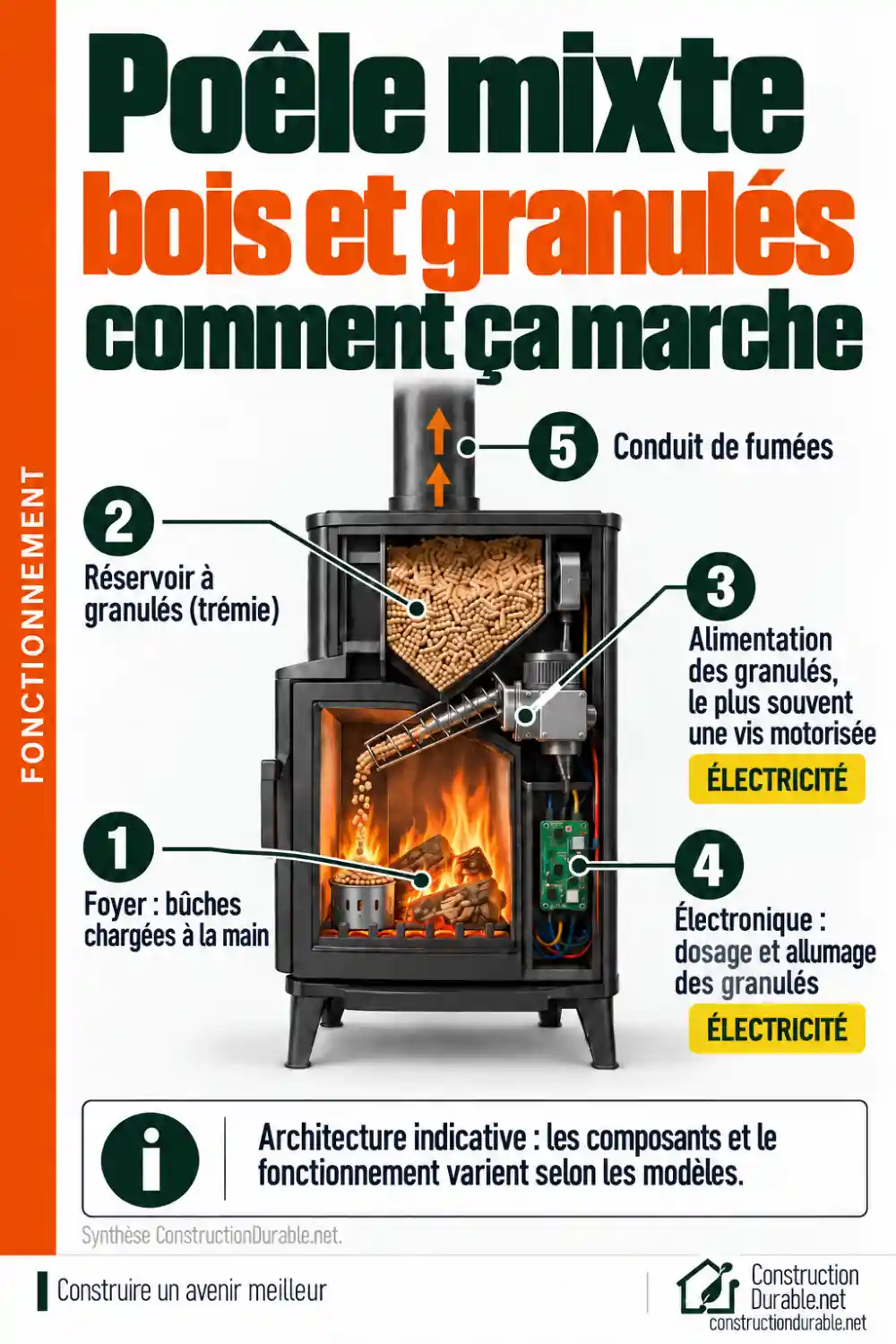 Schéma en coupe d'un poêle mixte : foyer à bûches, réservoir à granulés, alimentation par vis motorisée, électronique et conduit de fumées vertical