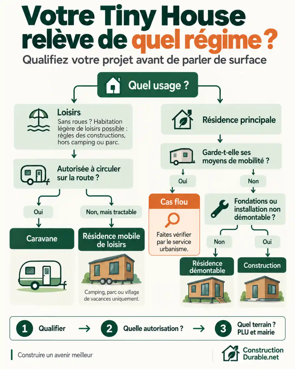 Arbre de décision Réglementation Tiny House : selon l'usage et la mobilité, une Tiny House relève de la caravane, de la résidence mobile de loisirs, de la résidence démontable, de la construction, ou d'un cas à faire vérifier par l'urbanisme