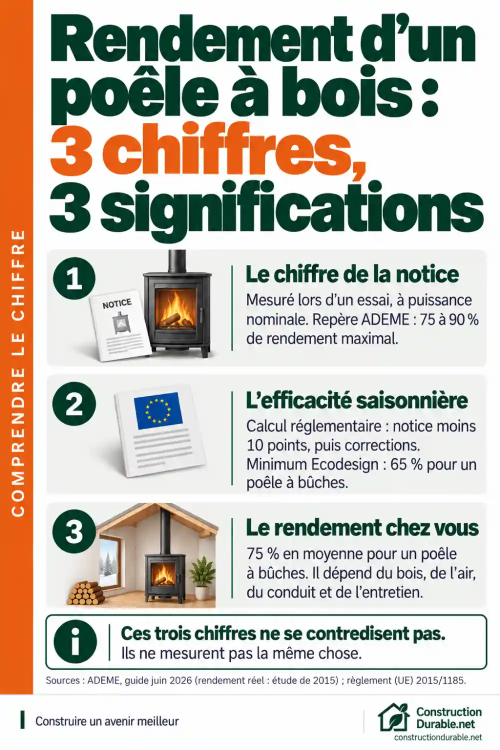 Rendement d'un poêle à bois : notice, efficacité saisonnière et usage réel Infographie expliquant trois chiffres du rendement d'un poêle à bois : 75 à 90 % sur la notice, 65 % d'efficacité saisonnière minimale, 75 % en moyenne en usage réel