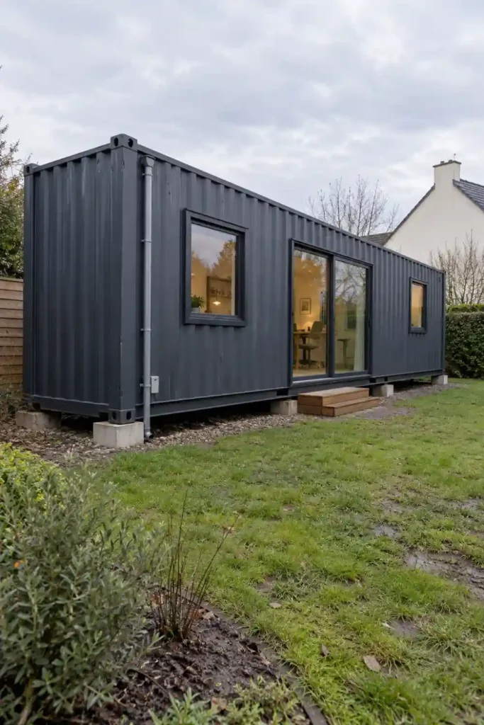 Container maritime de 40 pieds gris anthracite transformé en studio de jardin, posé sur des plots béton, avec une baie coulissante et deux fenêtres, dans un jardin de l’ouest de la France.
