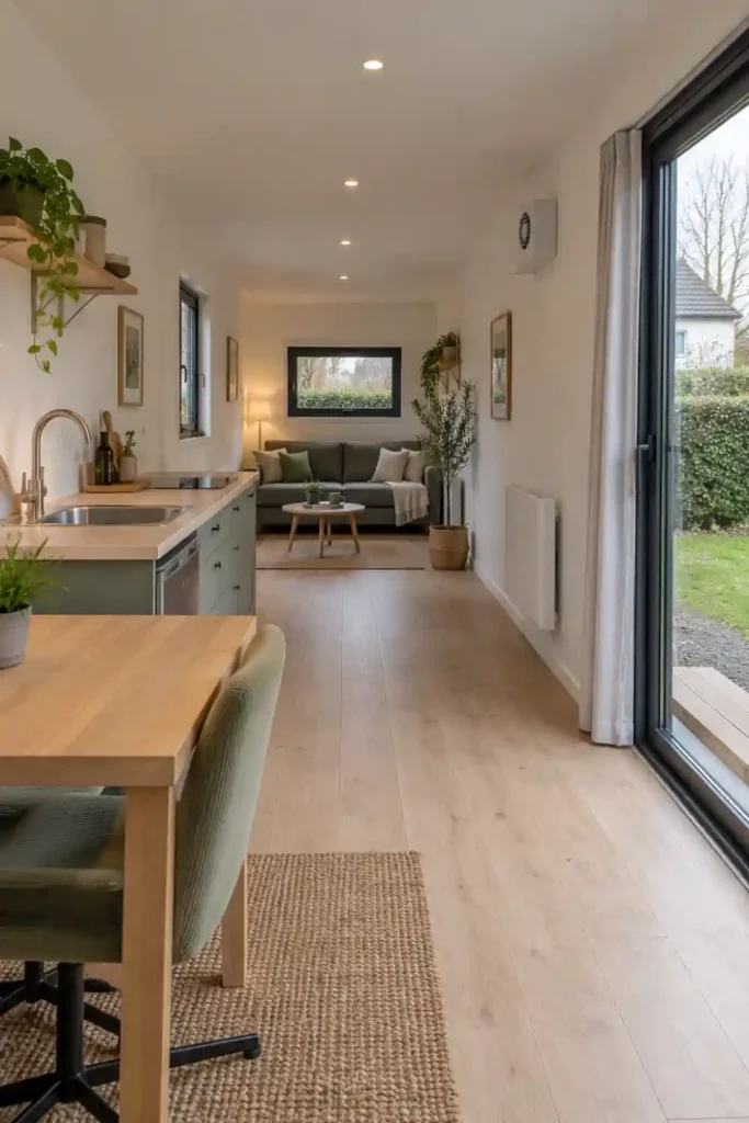 Intérieur d’un container de 40 pieds aménagé en studio : cuisine le long d’un mur, coin repas, canapé au fond, murs doublés et baie vitrée ouvrant sur le jardin, dans une pièce étroite d’environ 2,2 m de large.