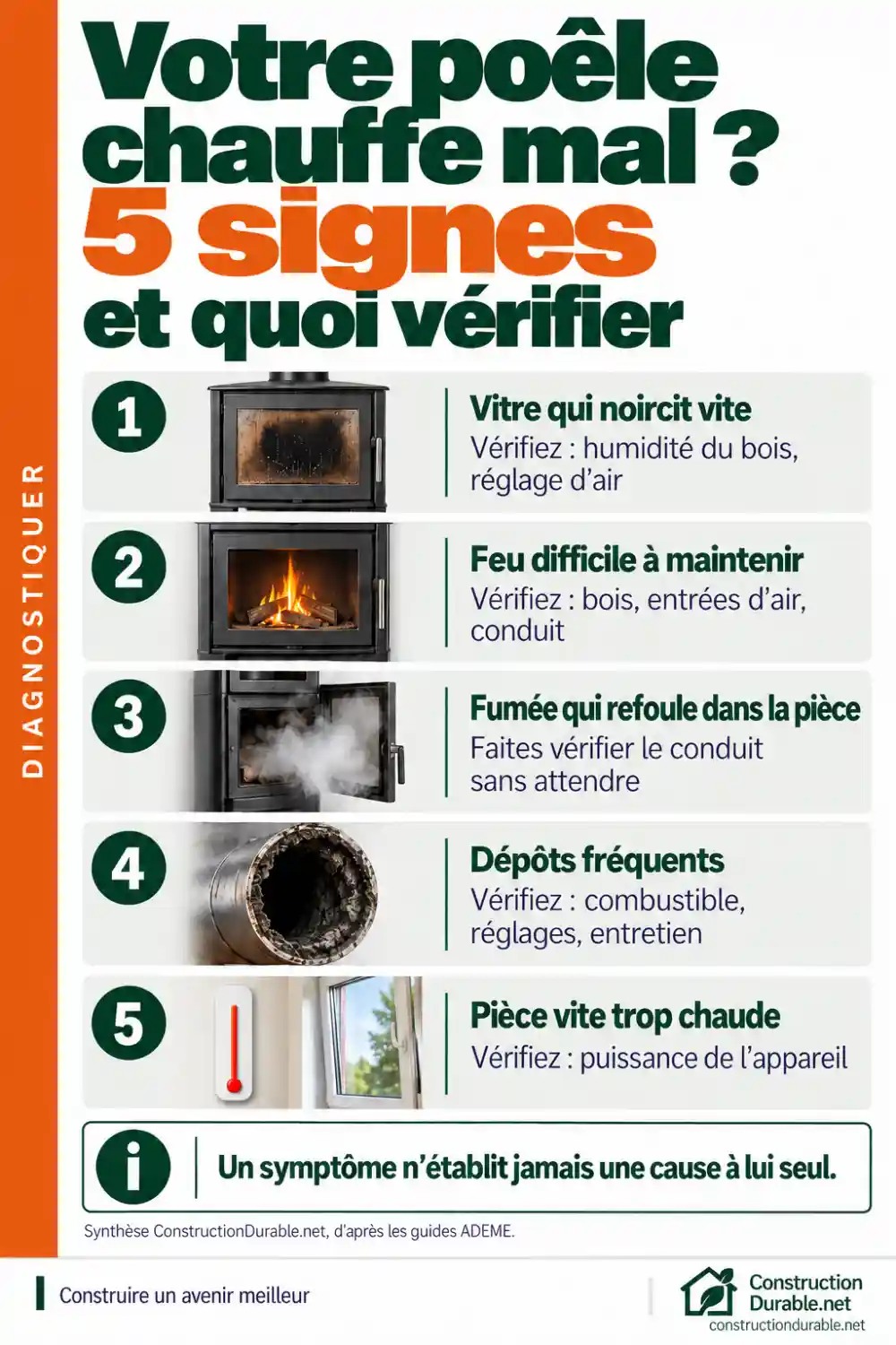 Poêle à bois qui chauffe mal : 5 signes et quoi vérifier Infographie de cinq signes d'un poêle à bois qui fonctionne mal et des premières vérifications : vitre qui noircit, feu difficile à maintenir, fumée qui refoule, dépôts fréquents, pièce trop chaude