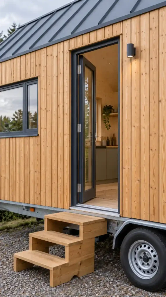 Entrée d’une tiny house sur remorque, porte vitrée ouverte sur une cuisine en bois clair