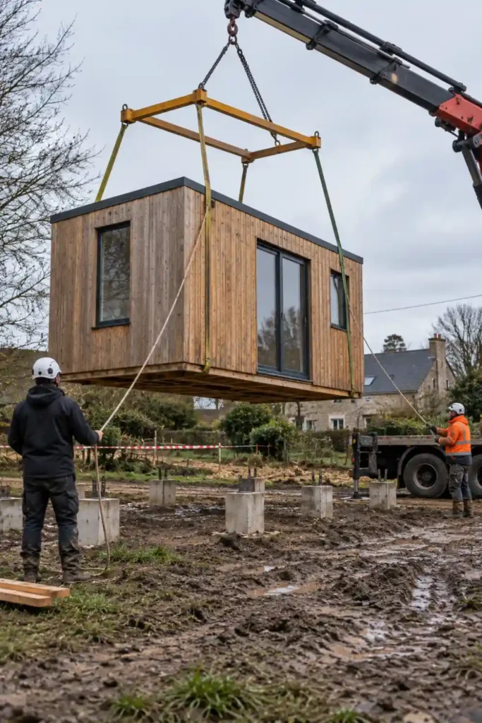 Livraison et mise en place d’un module d’habitat léger en bois par camion-grue sur un terrain en bordure de bourg