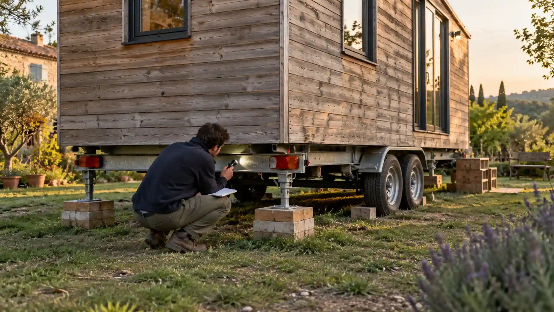 Acheteur inspectant le châssis d’une tiny house d’occasion sur remorque