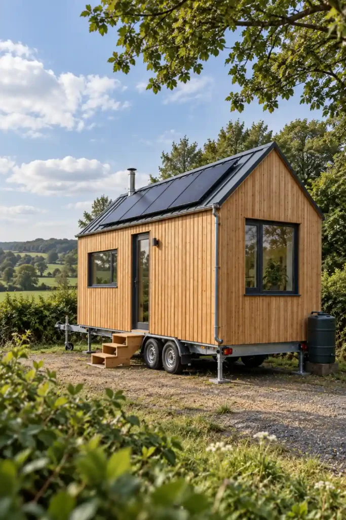 Tiny house avec quatre panneaux solaires en toiture et cuve de récupération d’eau, en été