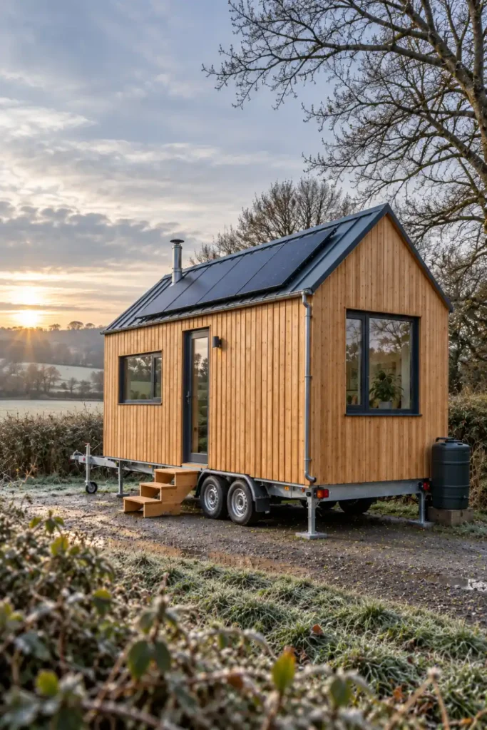Tiny house avec quatre panneaux solaires en toiture, un matin de givre en hiver