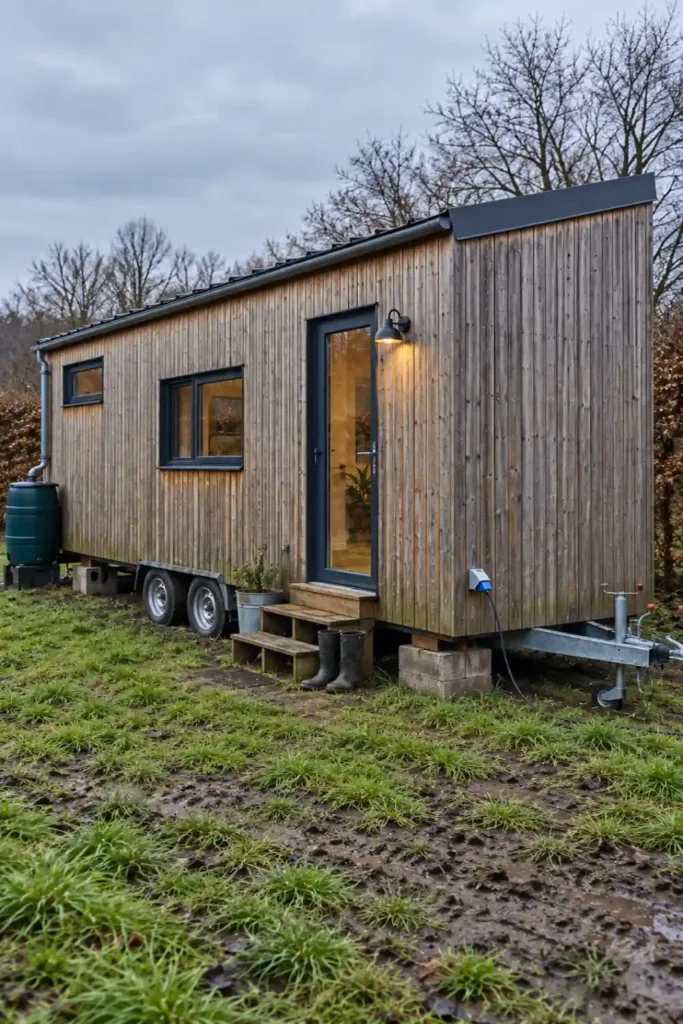 Tiny house sur remorque au bardage bois patiné, calée et raccordée à l’électricité dans un jardin