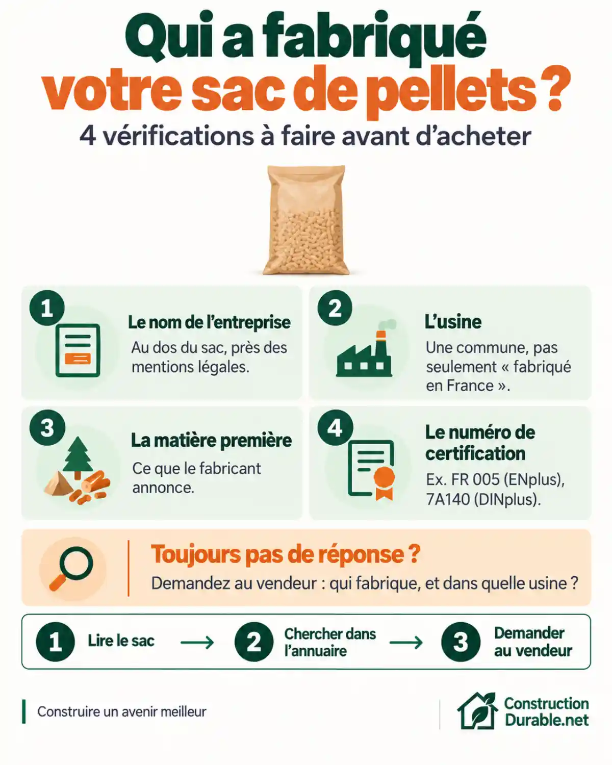 4 vérifications pour savoir qui a fabriqué votre sac de pellets Les 4 vérifications à faire sur un sac de pellets : entreprise, usine, matière première, numéro de certification