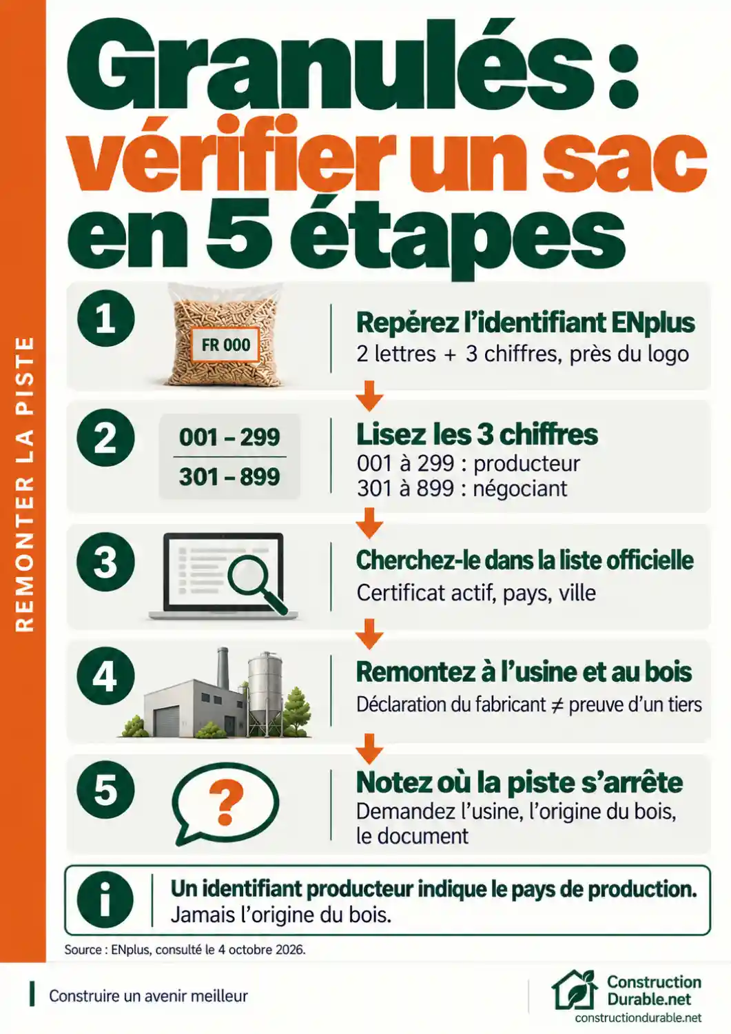 Vérifier un sac de granulés en 5 étapes Infographie : vérifier la provenance d'un sac de granulés en cinq étapes à partir de l'identifiant ENplus